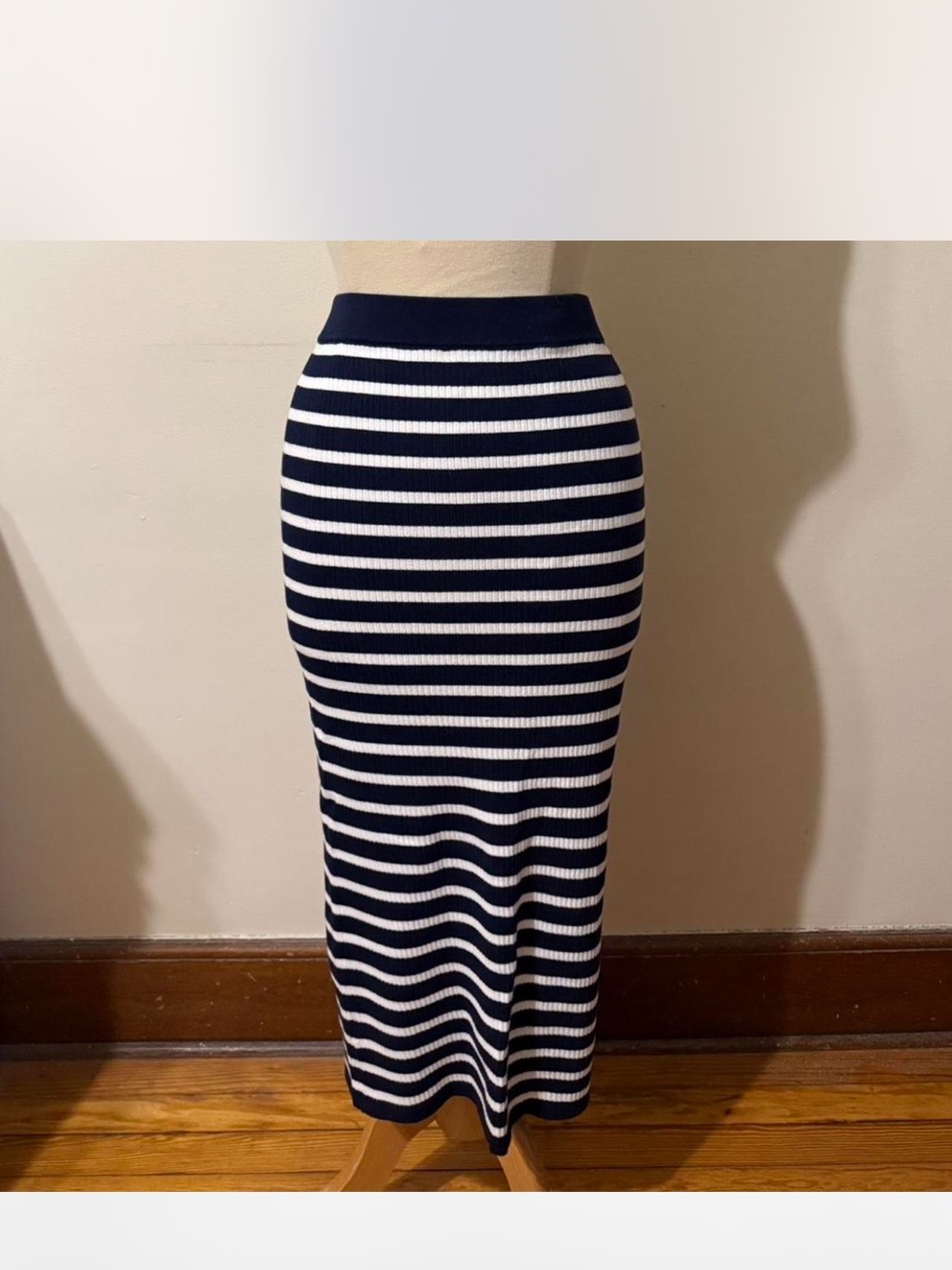 LOFT Navy and White Striped Midi Pencil Skirt